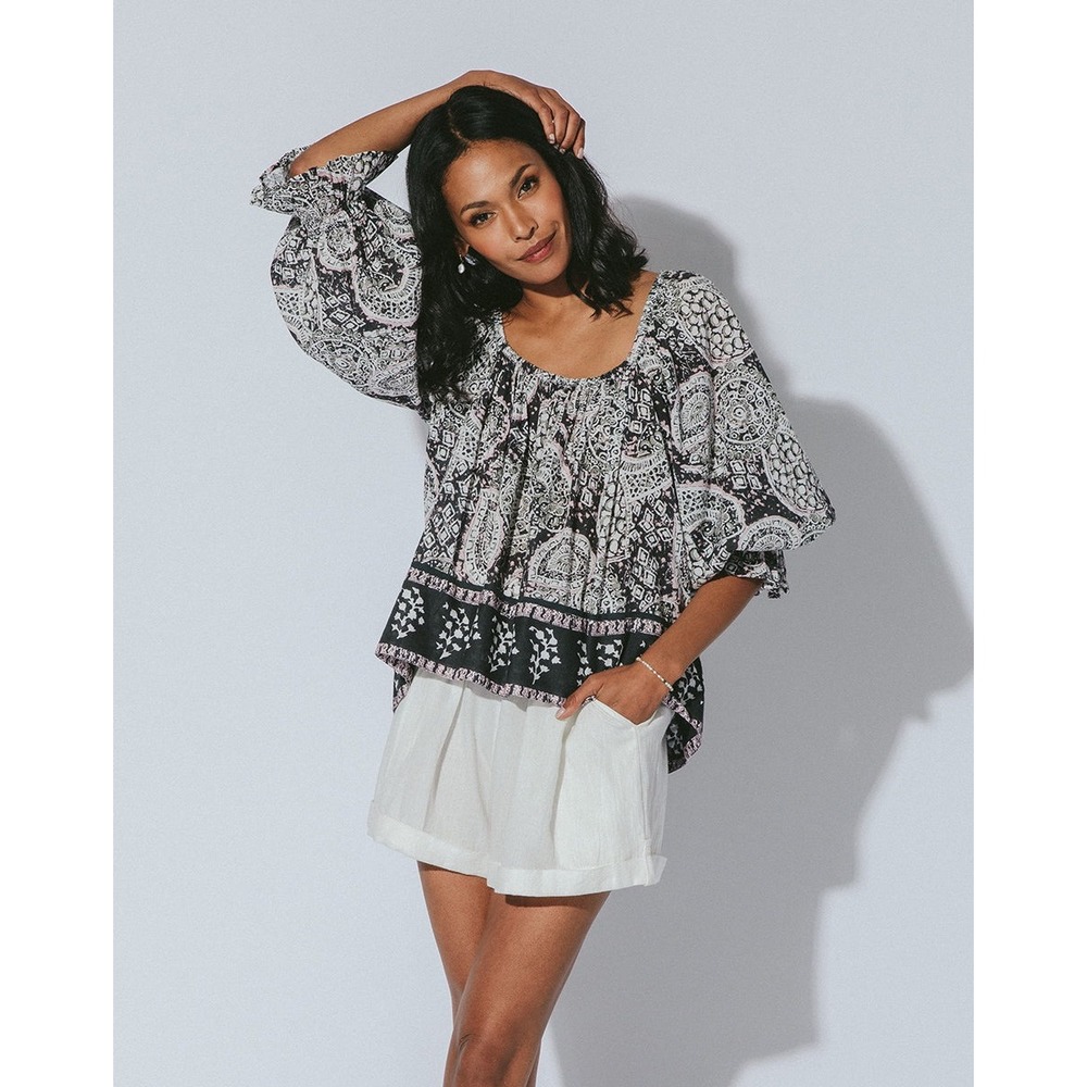 Cleobella Anna Blouse Black White Paisley Organic Cotton Top Size XS